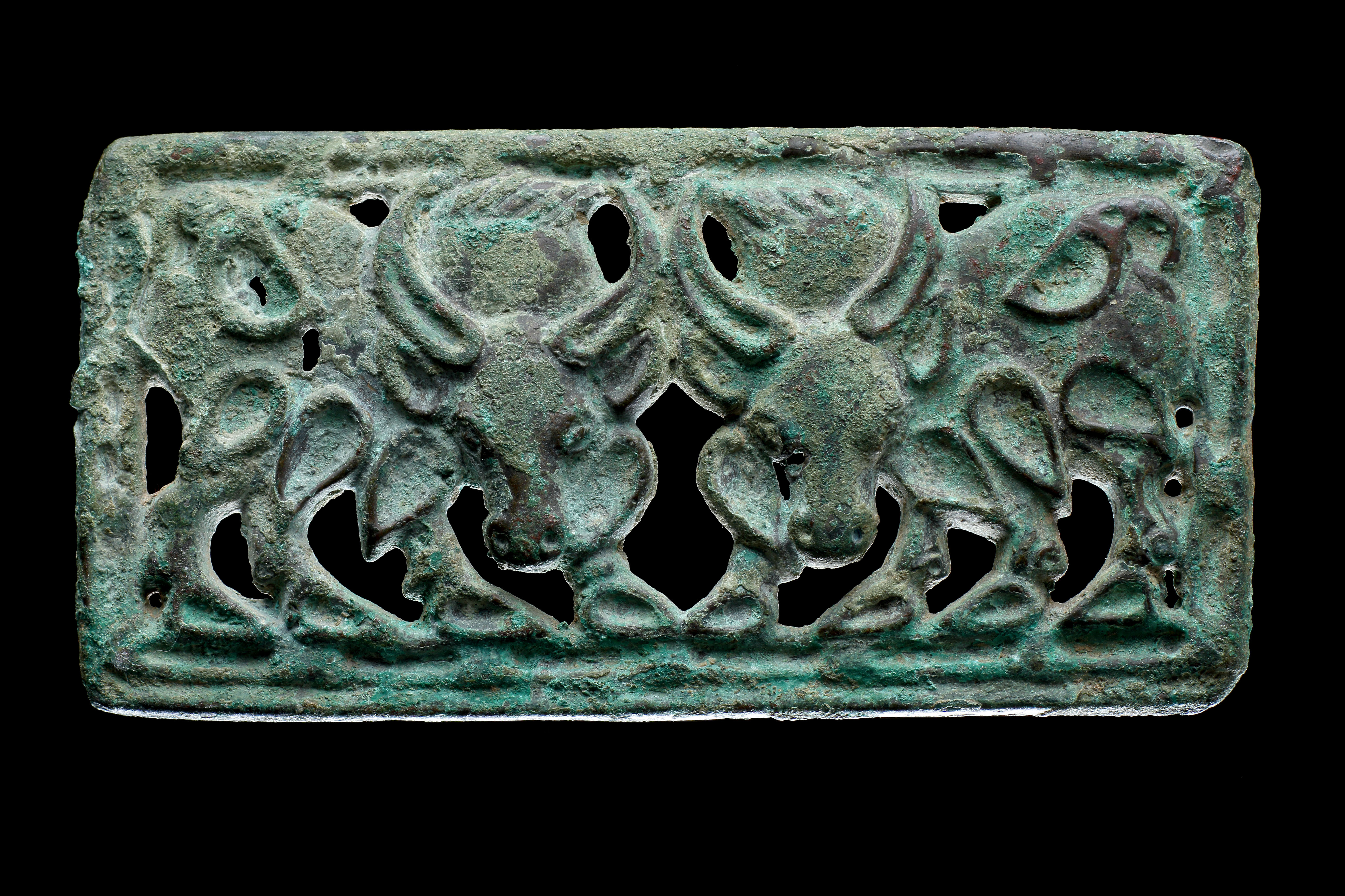 Ancient South Siberian or North West Chinese Cast Openwork Bronze Belt Plaque 